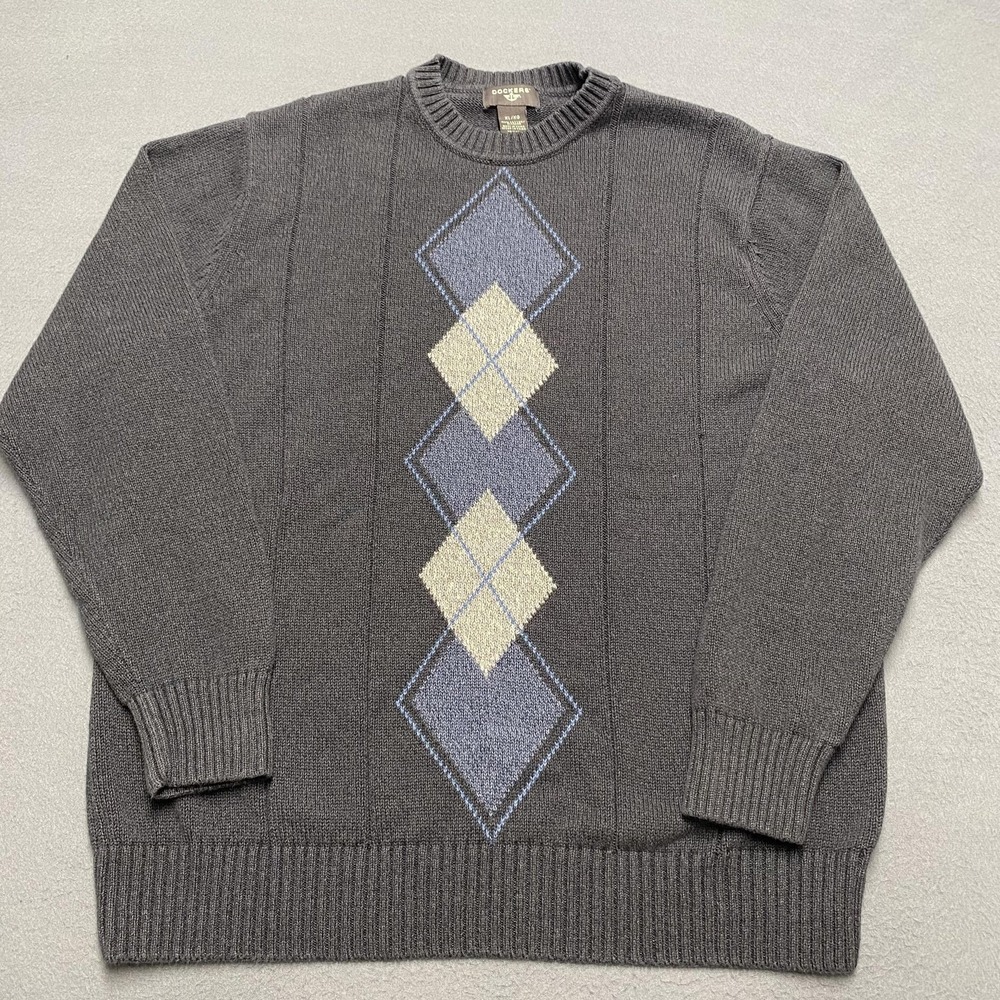 Dockers Sweater Mens XL Gray Argyle Crewneck‎ 100% Cotton Knit Pullover Classic